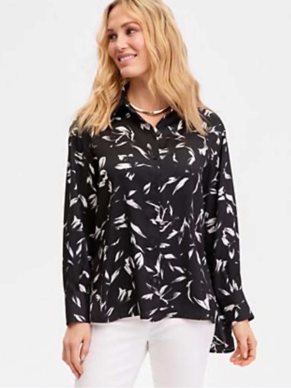 INC International Concepts Black & White Printed Button-Down Blouse